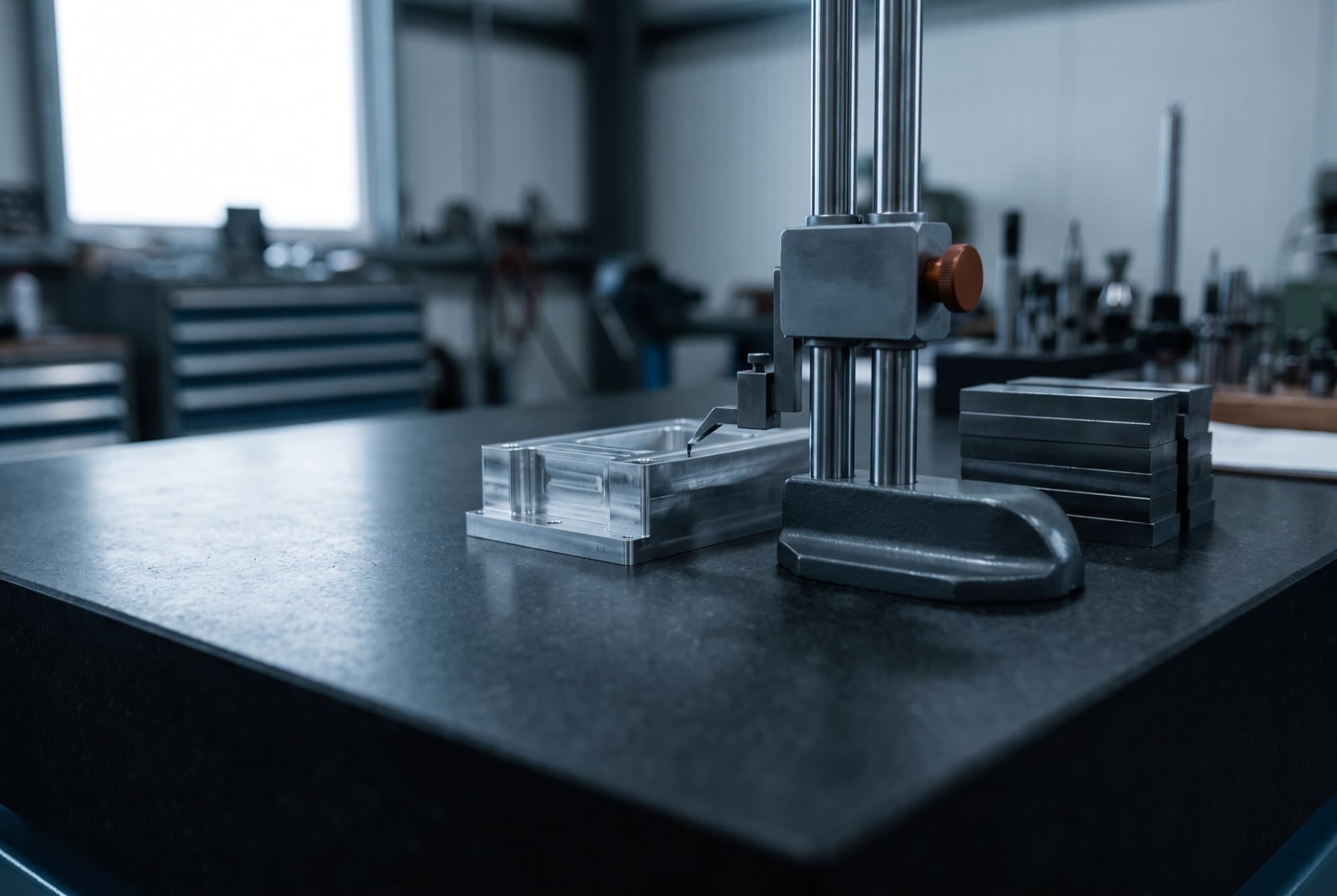 A machined part on a granite surface plate with a height gauge and indicators set up for dimensional inspection.