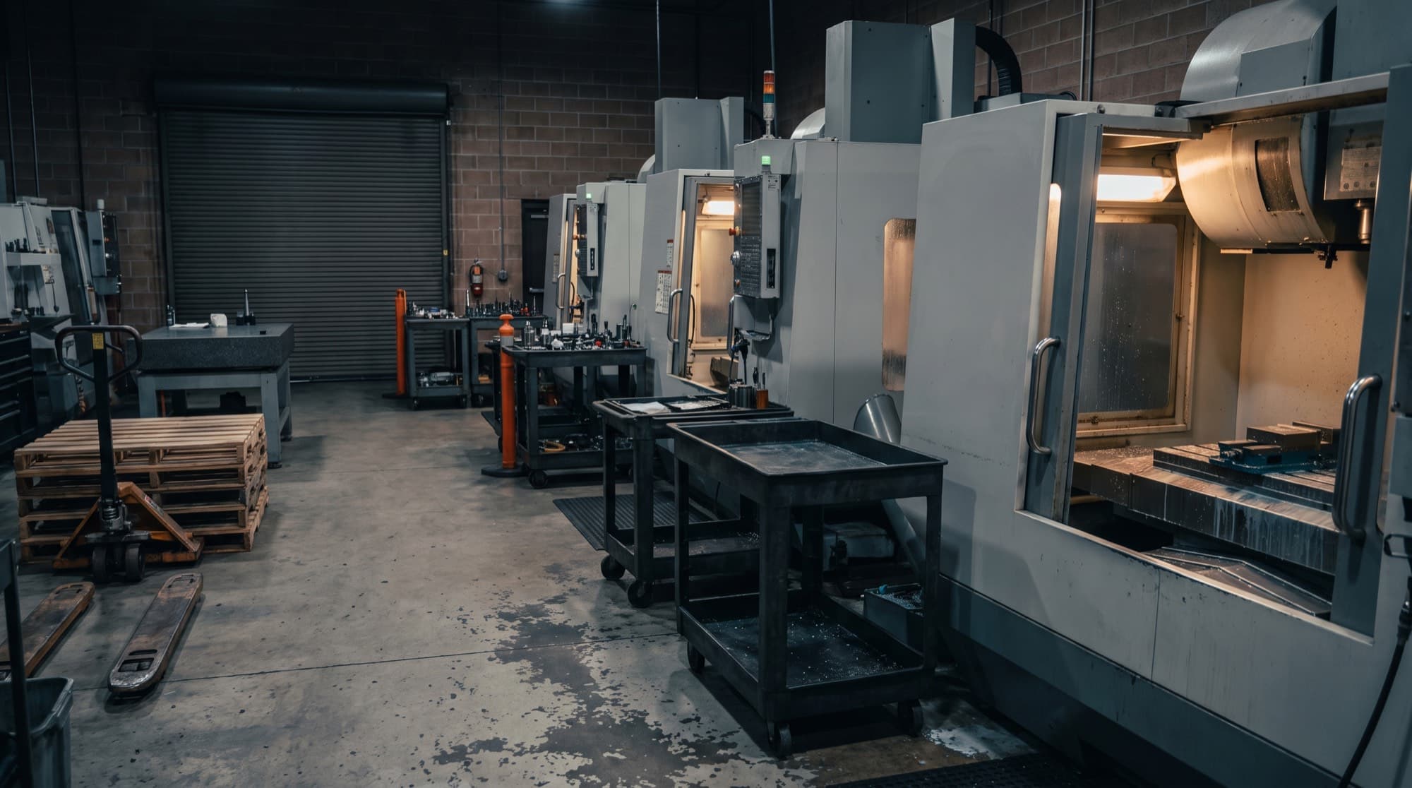 A machine shop after hours, lit by the work lights over two vertical machining centers.