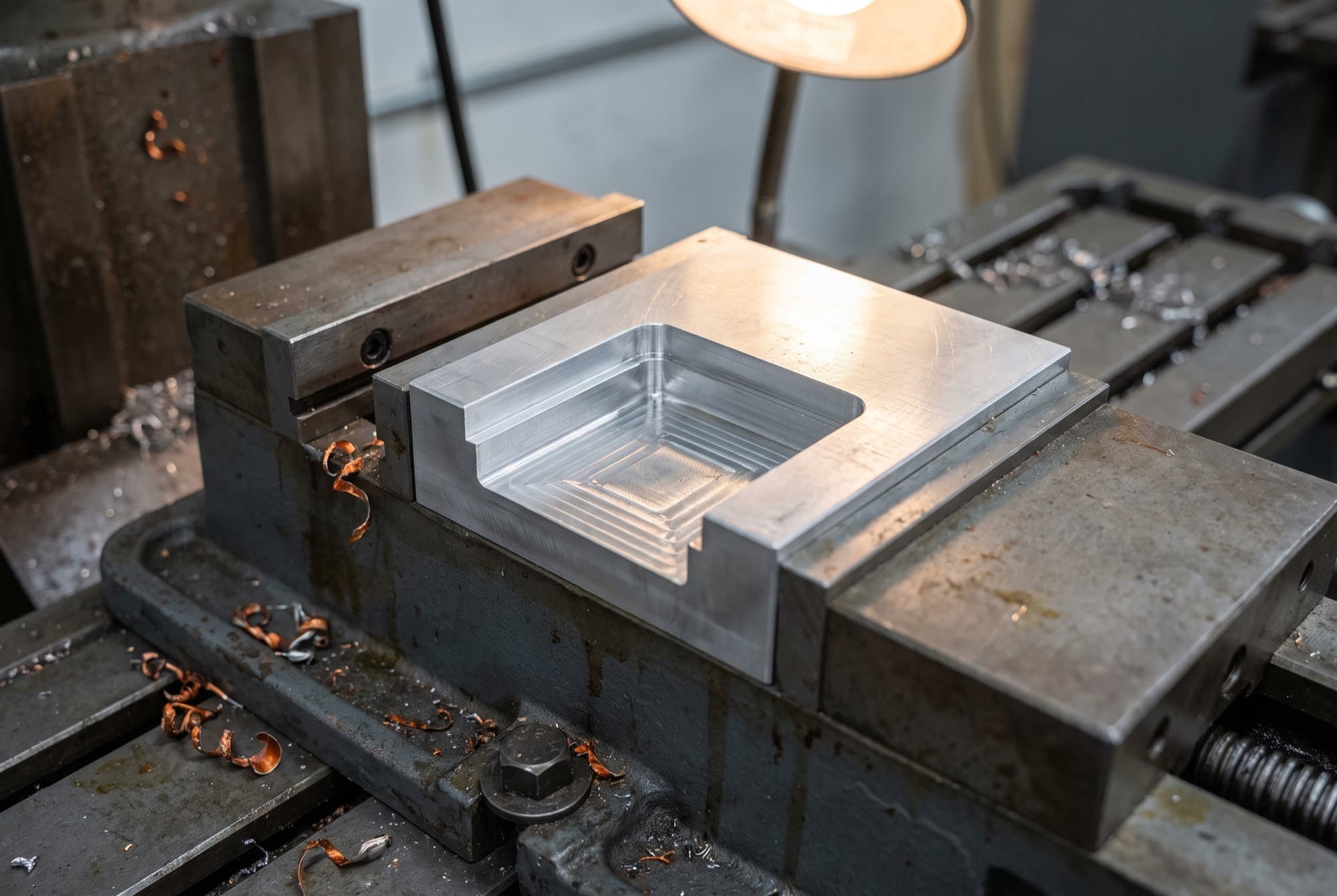 Aluminum soft jaws in a vise, freshly cut with a stepped profile holding a part.
