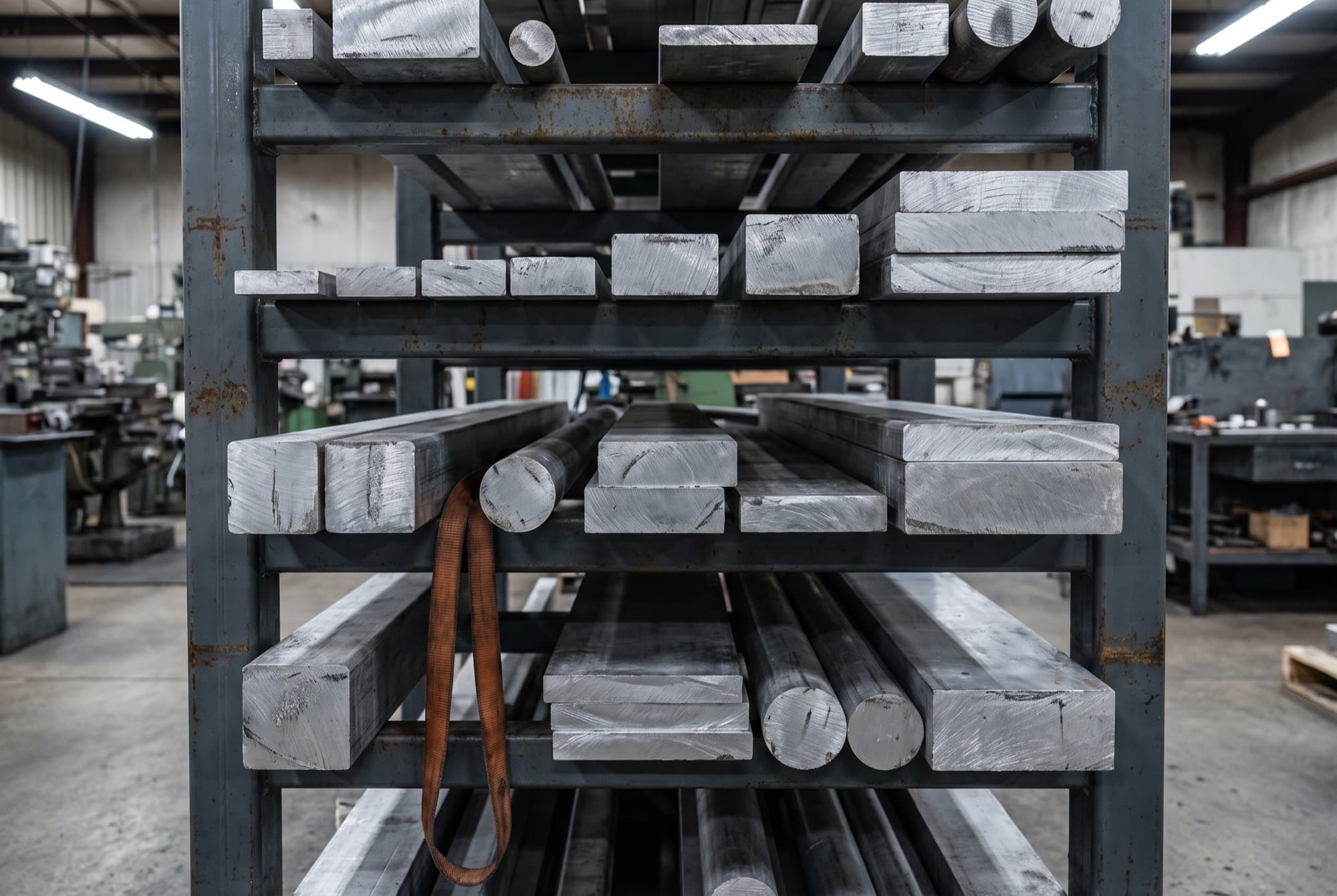 Bar and plate ends stacked on a rack, each step of the stock ladder a different thickness.