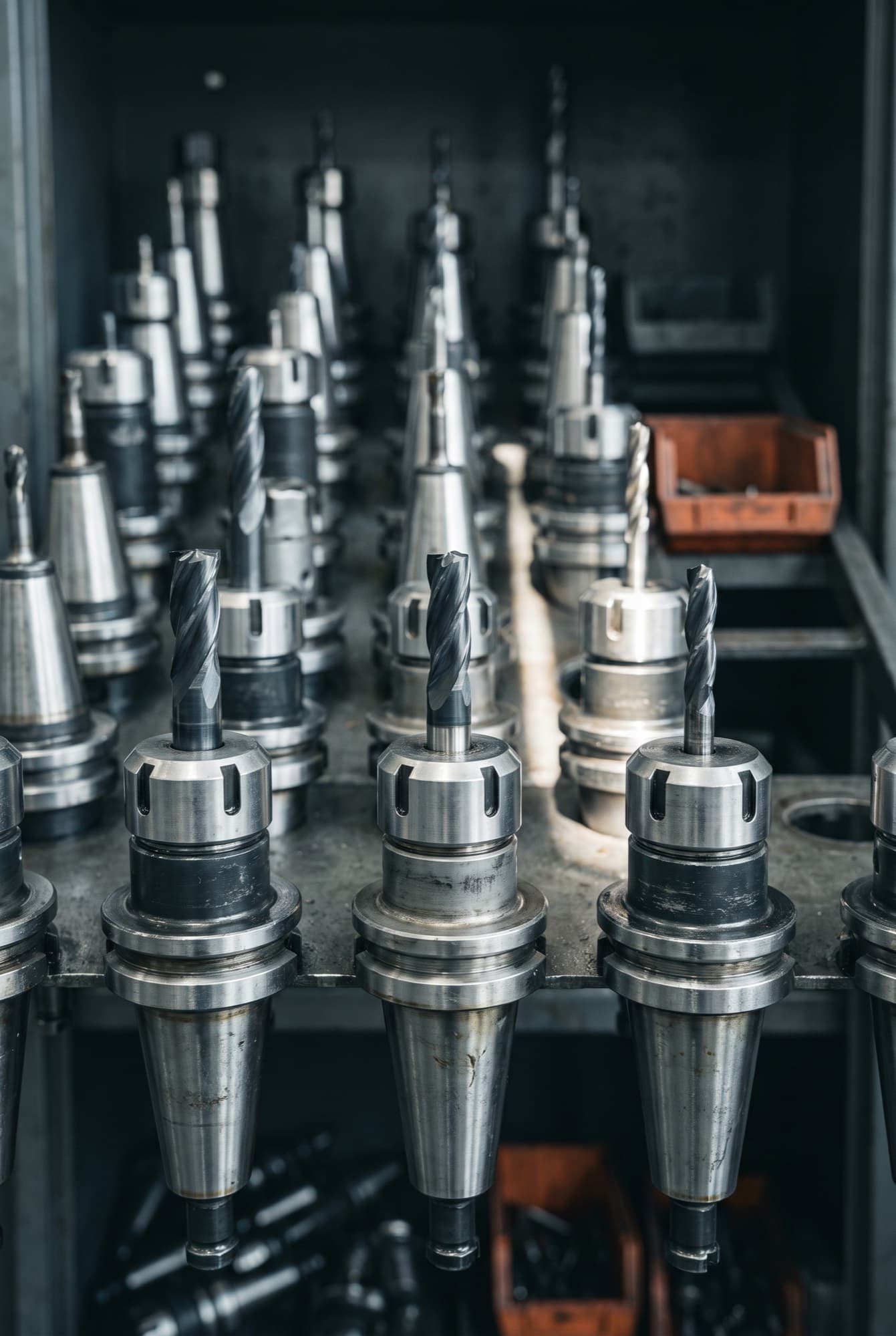 Tool holders standing in a shop tool crib, each with a cutter and a set stickout.