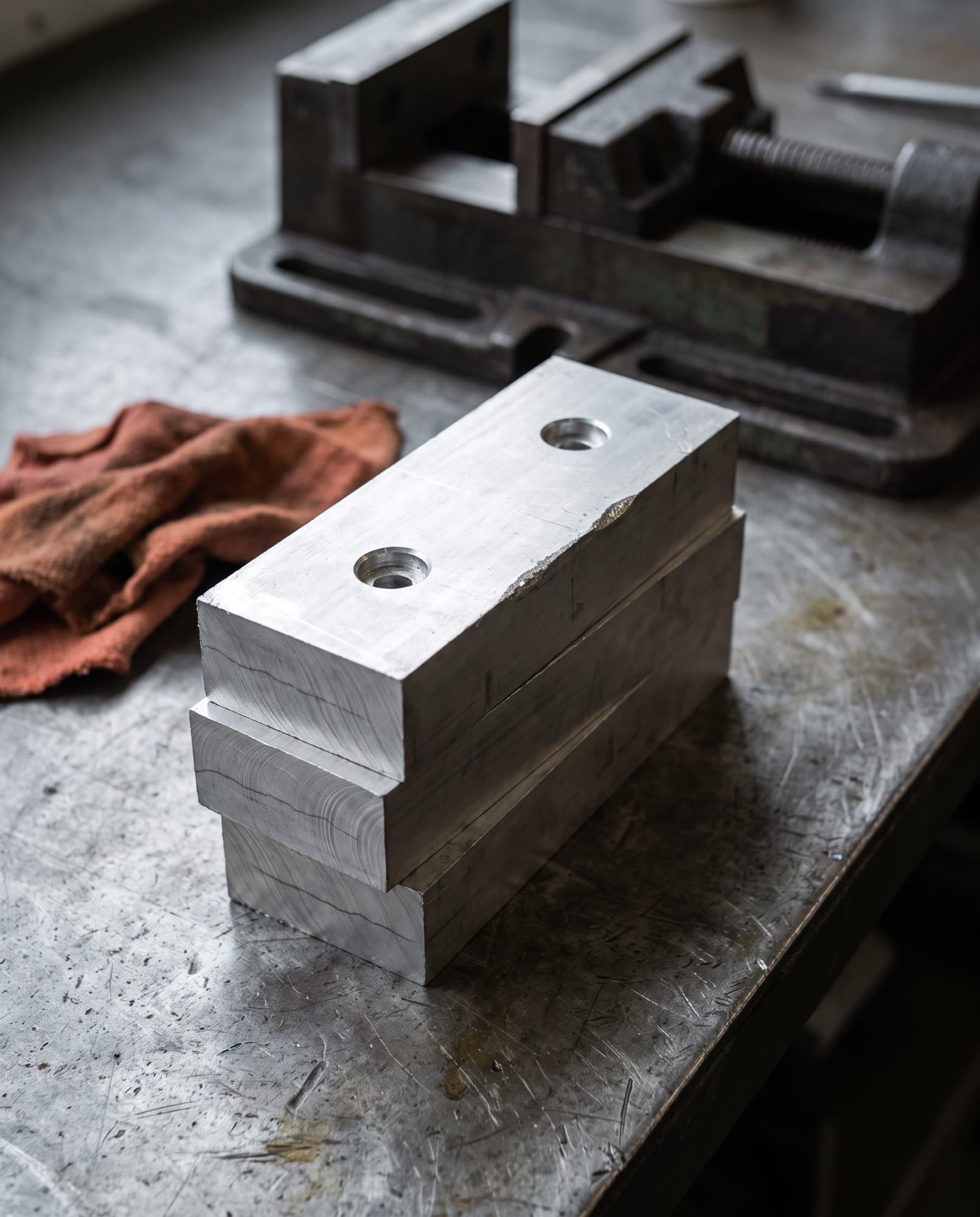 Aluminum soft-jaw blanks stacked beside a vise on a shop bench.