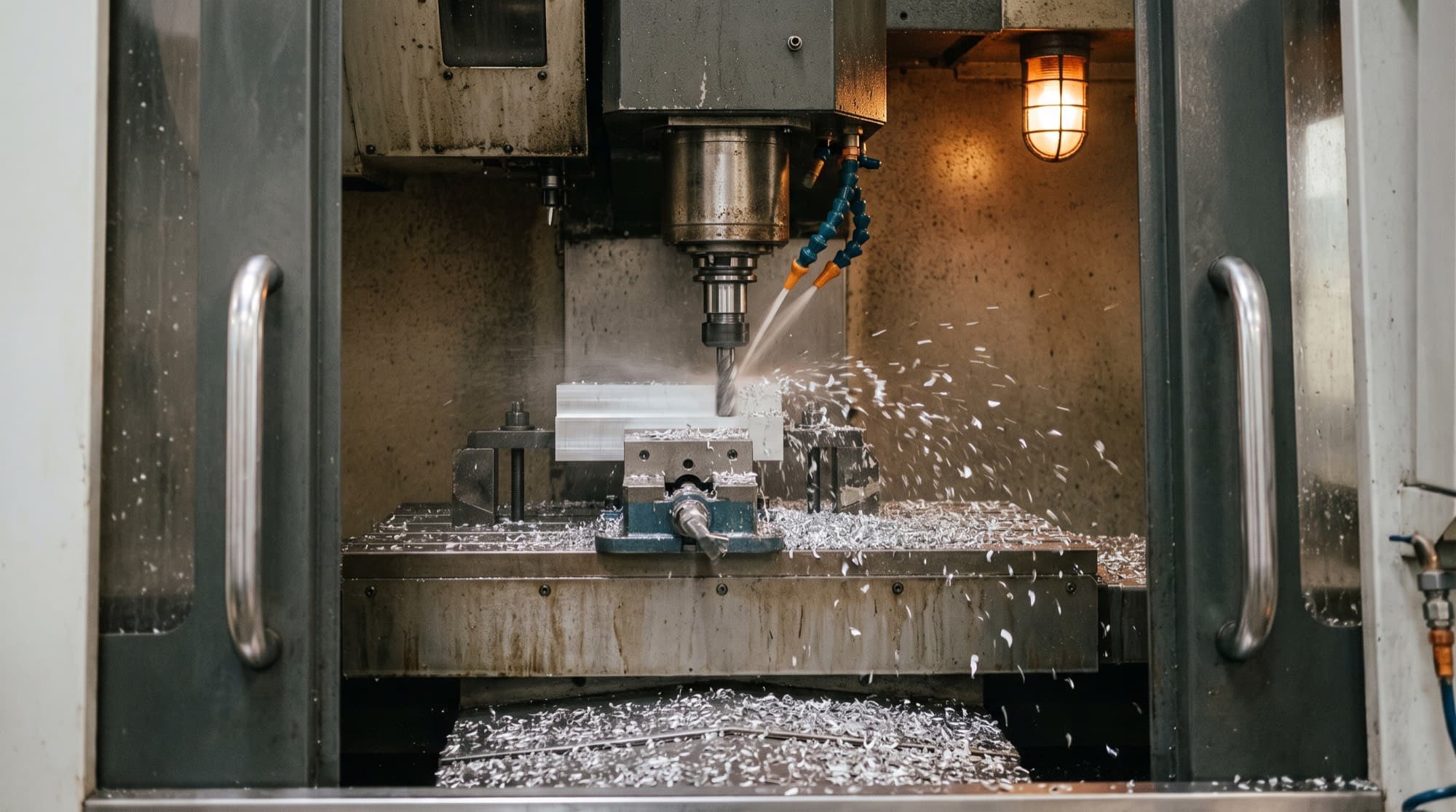 A vertical machining centre mid-cut, coolant on the tool, chips clearing the pocket.