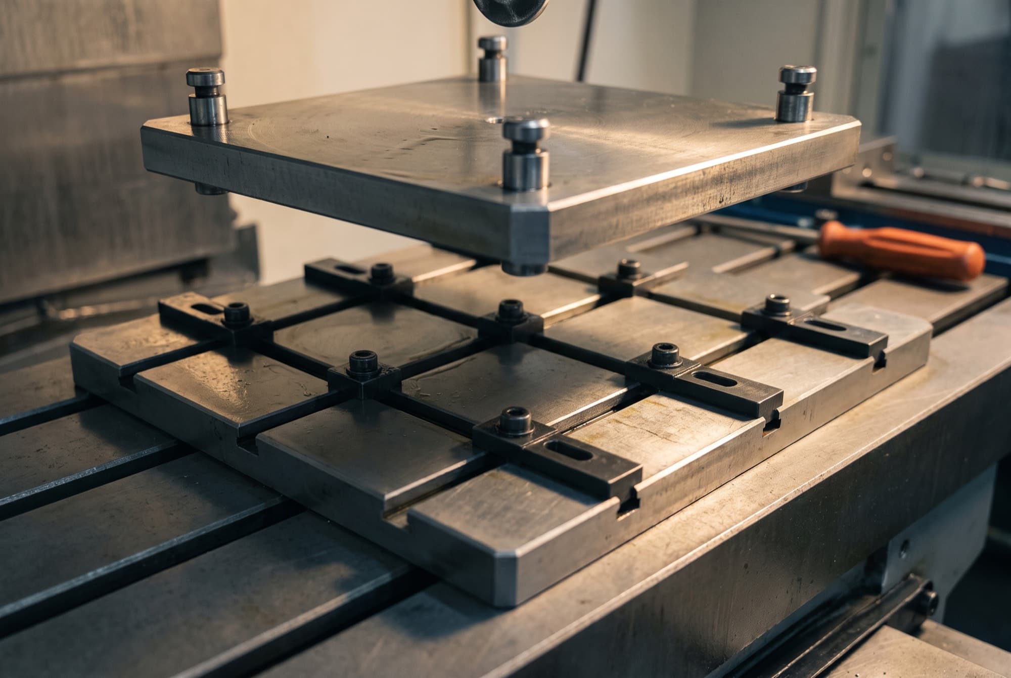 A zero-point base plate on a machine table with a gridded pallet seated on it.